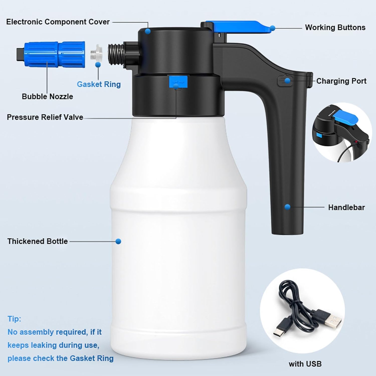 YEARWIN 6 Months Warranty Wireless Foam Sprayer for Car & Bike Portable Car Wash, 1.5L Electric Foam Generates Long Lasting Thick Foam Spray cleaning accessories