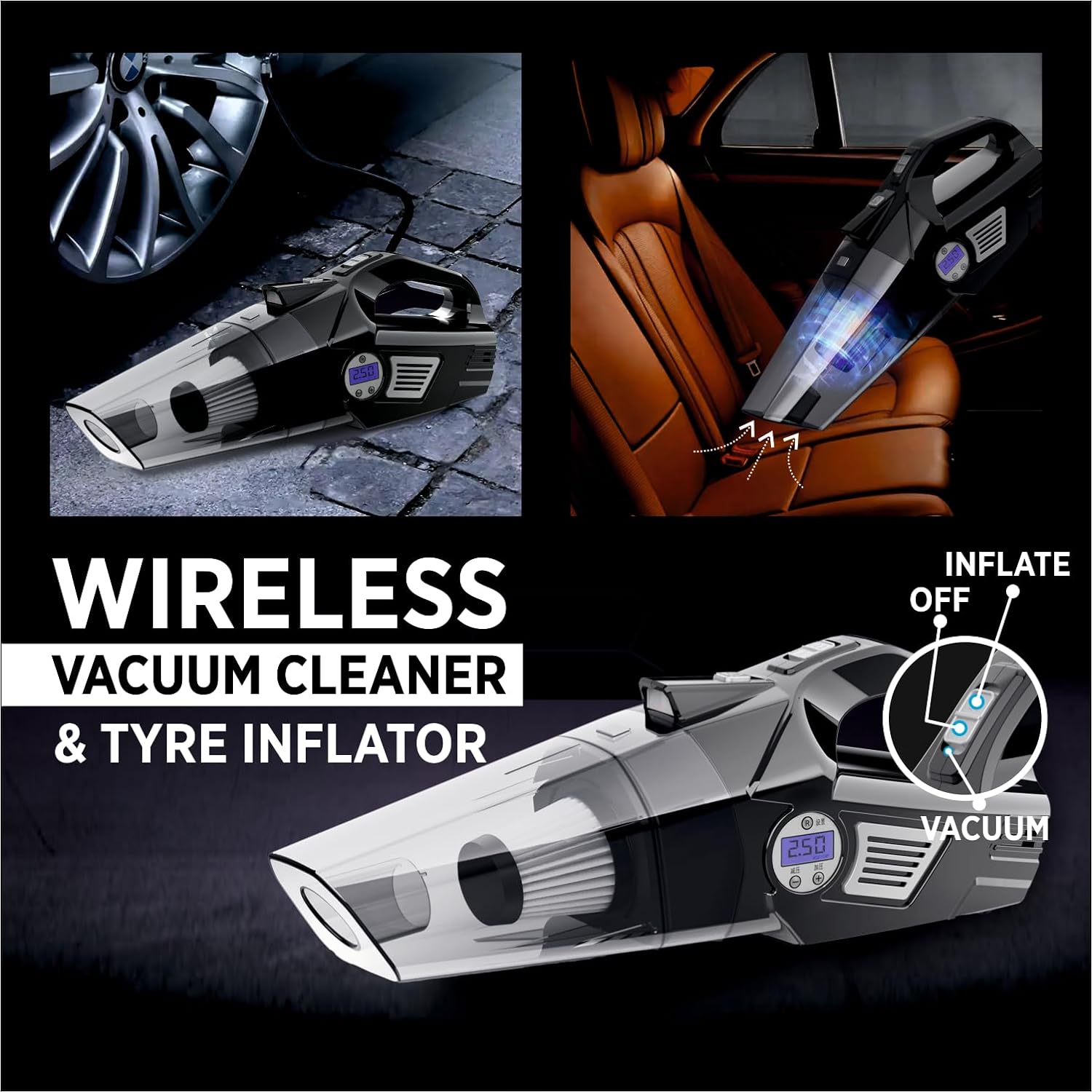 YEARWIN 4 in1 Wireless Car Vacuum Cleaner with Tyre Inflator High Power 7000PA Handheld Car Vacuum LED Light, for Wet/Dry Use, Black (‎TWOWAY PRO)