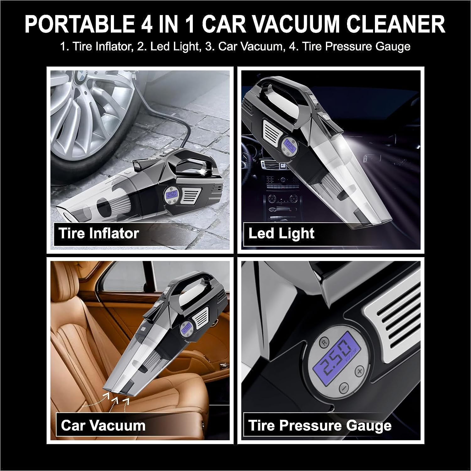 YEARWIN 4 in1 Car Vacuum Cleaner with Tyre Inflator DC12V High Power 7000PA Handheld Car Vacuum LED Light, 4.2M Power Cord, for Wet/Dry Use, Black