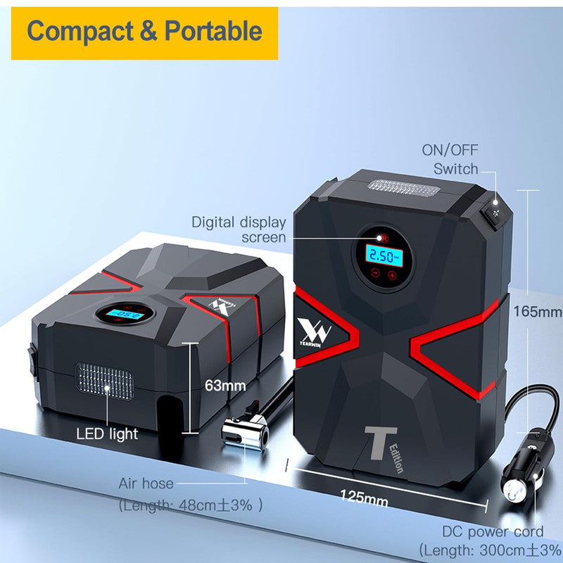 Yearwin T Edition Digital Tyre Inflator - 12V Portable air Compressor with Auto shutoff 150PSI Black and Red