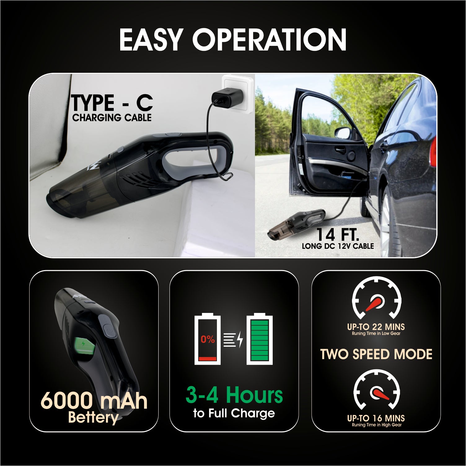 YEARWIN High Power Brushless Moter Portable Car Cord and Cordless Vacuum Cleaner Handheld 120W 15000PA Stainless Steel (Black)