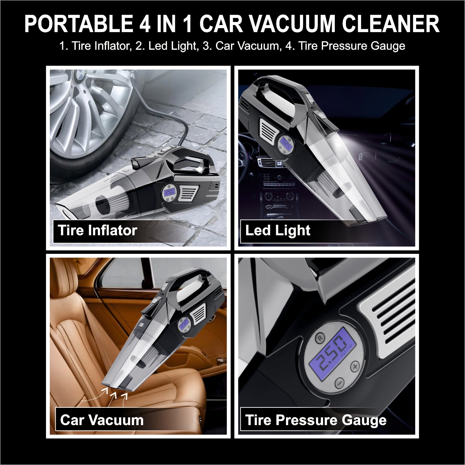 YEARWIN 4 in1 Wireless Car Vacuum Cleaner with Tyre Inflator High Power 7000PA Handheld Car Vacuum LED Light, for Wet/Dry Use, Black (‎TWOWAY PRO)