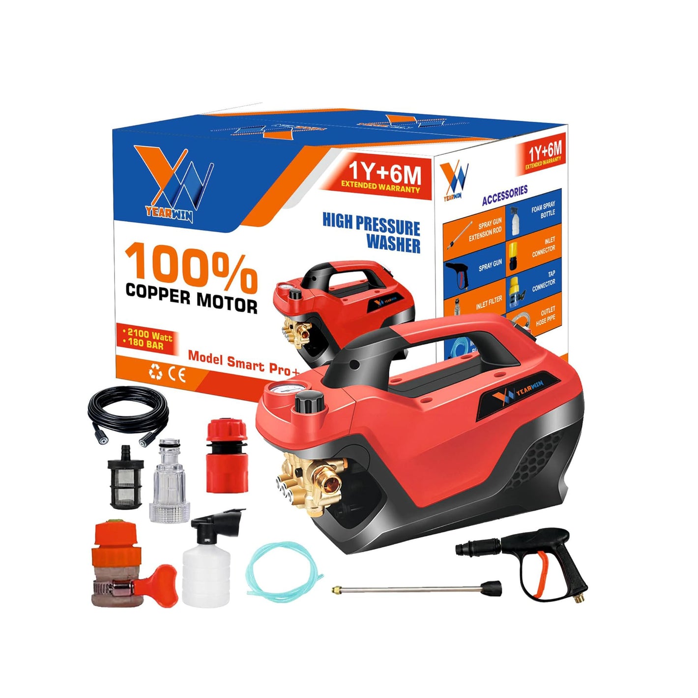 YEARWIN Smart Pro + 100% Copper High Pressure Washer Comes with Advanced Pressure Operation Knob 2100 Watt (Red and Black)